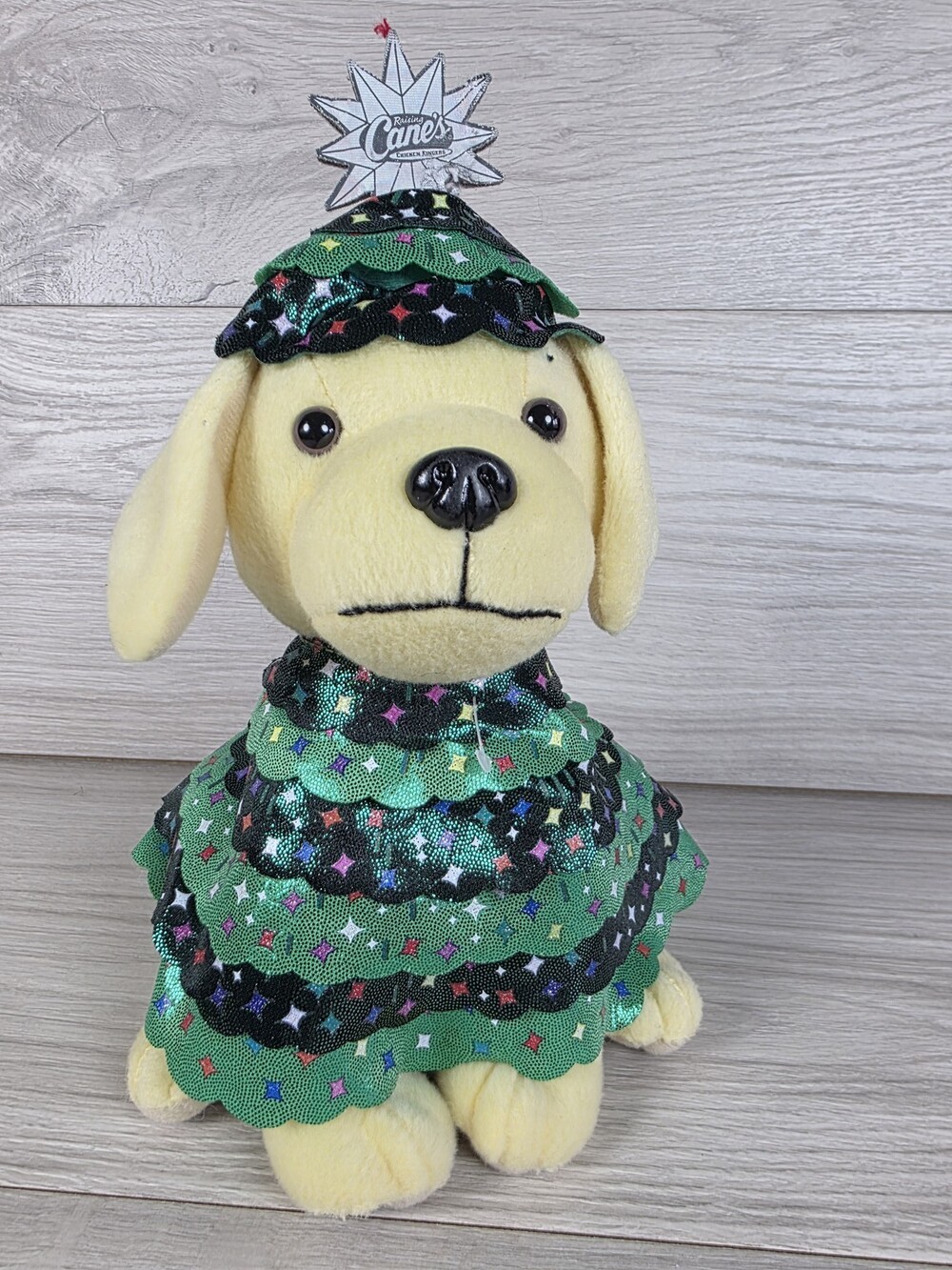 Raising Cane's Christmas Tree Plush Dog in Green Sparkly Costume SU22